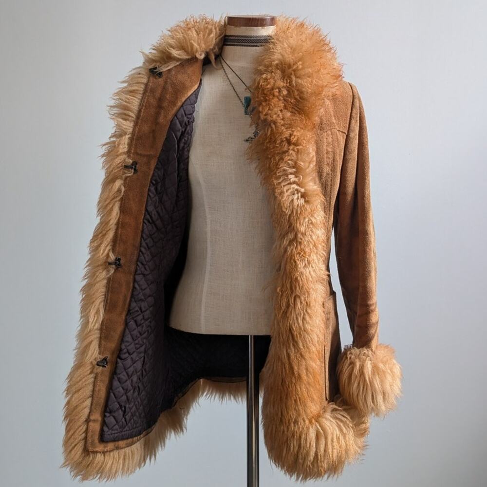 Vintage Rusty Orange Suede Penny Lane Jacket Leather Trench Coat Fur Coat Small - Picture 2 of 10